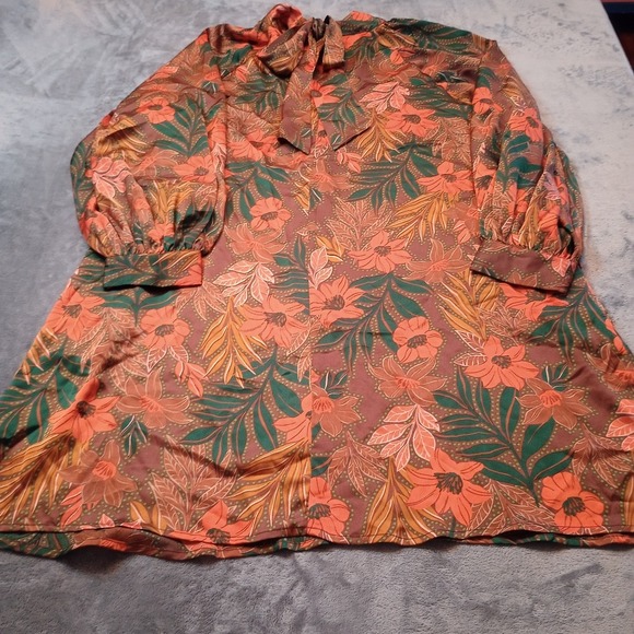 Oddy Curvy Floral HIgh Neck Knotted Collar Mini Dress Plus Size 1X Long Sleeves - Picture 4 of 16